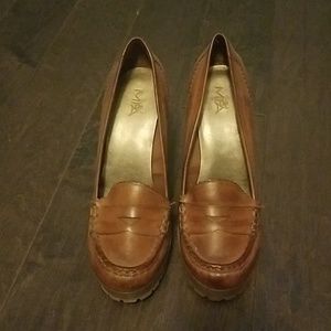 Brown leather penny loafer high heels